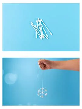 Step-by-step collage showing DIY cotton swab snowflake ornaments Stock Photos