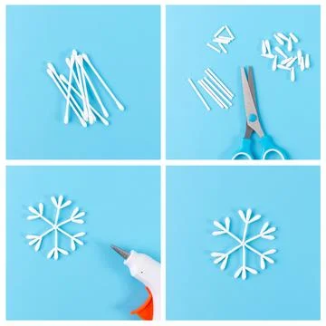 Step-by-step collage showing DIY cotton swab snowflake ornaments with hot g.. Stock Photos