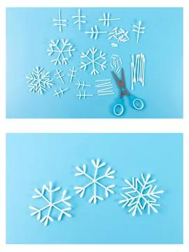 Step-by-step collage showing DIY cotton swab snowflake ornaments with scissor Stock Photos