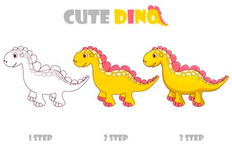 Step by step coloring girly orange cute dino. Stock Illustration
