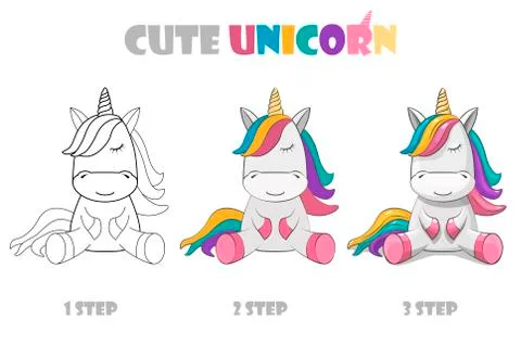 Step by step coloring or improvement of a cute unicorn. Stock-Illustration
