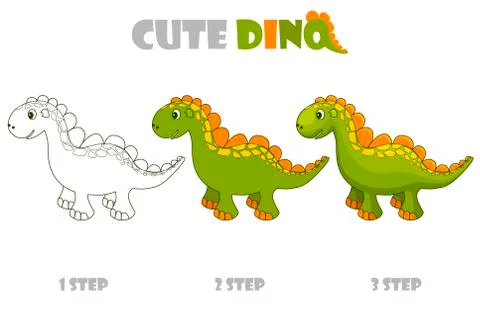 Step by step coloring or improvement of a cute dino. Stock Illustration