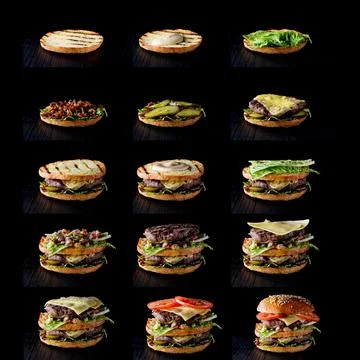 Step by step cooking instructions for double cheeseburger Stock Photos