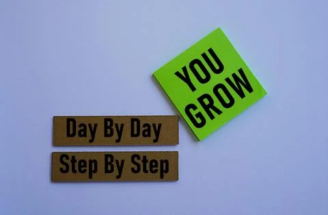 Step by step, DAY by DAY YOU GROW printed cards and stickers. Self-inspiration Stock-Fotos