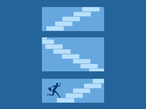 Step by step development, Progress, Businessman running up the stairs Illustrazione stock