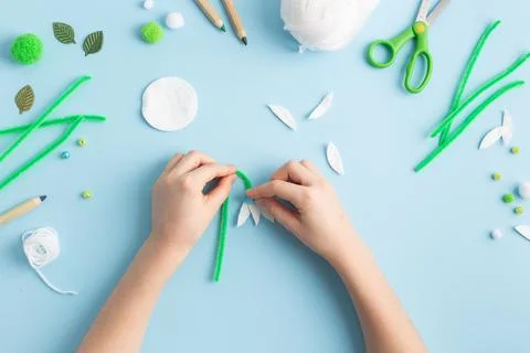 Step by step diy process of making snowdrops flowers. Creativity, crafting with Stock Photos