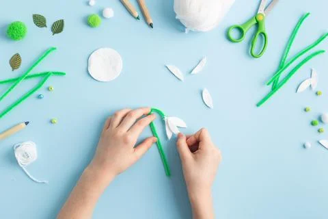 Step by step diy process of making snowdrops flowers. Creativity, crafting with Stock Photos