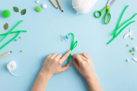 Step by step diy process of making snowdrops flowers. Creativity, crafting with Stock Photos
