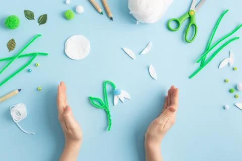 Step by step diy process of making snowdrops flowers. Creativity, crafting with Stock Photos