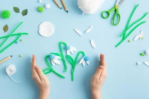 Step by step diy process of making snowdrops flowers. Creativity, crafting with Stock Photos