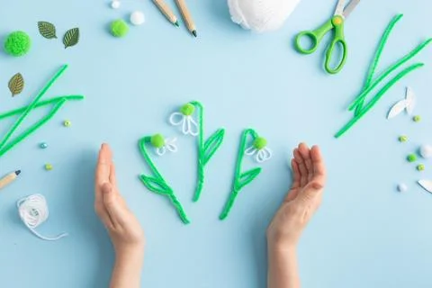 Step by step diy process of making snowdrops flowers. Creativity, crafting with Stock Photos