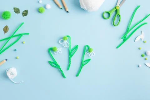 Step by step diy process of making snowdrops flowers. Creativity, crafting with Stock Photos