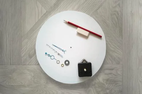 Step-by-step DIY zentangle round wall clock,canvas: step 1-materials.Copy space Stock Photos