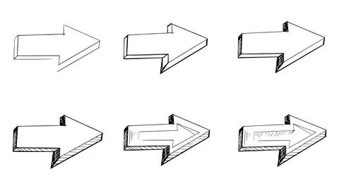 Step by step drawing of arrow, coloring of arrows in doodle style Stock Illustration