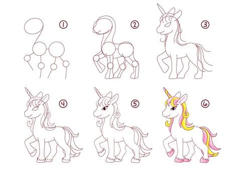Step by step drawing of cute cartoon unicorn Stock Illustration