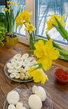 Step by step. egg cut in half, for making stuffed eggs Stock Photos