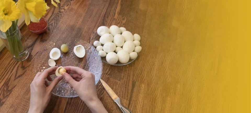 Step by step. egg cut in half, for making stuffed eggs Stock Photos
