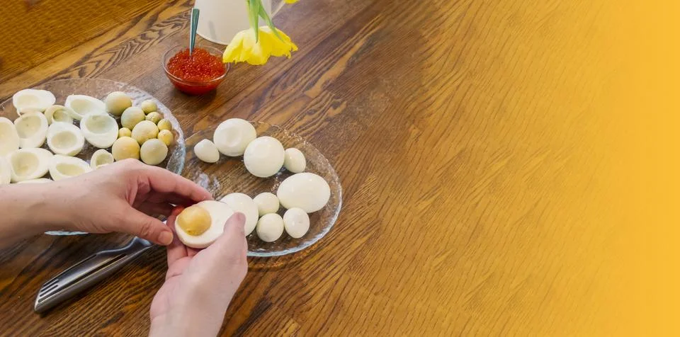 Step by step. egg cut in half, for making stuffed eggs Stock Photos