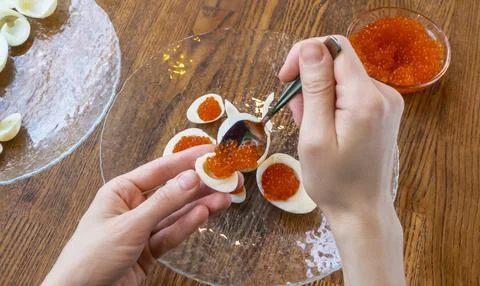 Step by step. egg rabbit figurine for decoration for making stuffed eggs Stock Photos