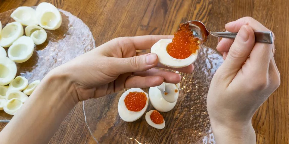 Step by step. egg rabbit figurine for decoration for making stuffed eggs Stock Photos
