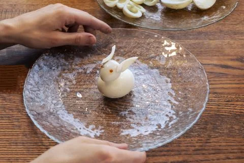 Step by step. egg rabbit figurine for decoration for making stuffed eggs Stock Photos