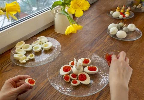 Step by step. egg rabbit figurine for decoration for making stuffed eggs Stock Photos