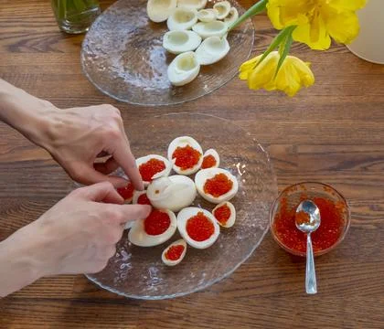 Step by step. egg rabbit figurine for decoration for making stuffed eggs Stock Photos