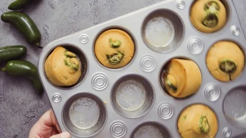 Step by step. Flat lay. Spicy jalapeno cornbread muffins in wired basket. Stock Footage 97152540