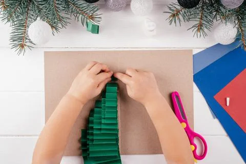 Step-by-step Greeting card 3D Christmas tree tutorial. Step 15: In this way,  Stock Photos