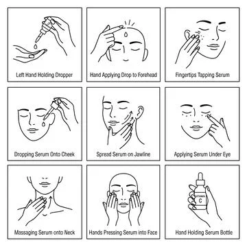 Step by step guide to applying facial serum, skincare routine, Vitamin C se.. 库存插图