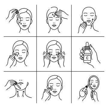 Step by step guide to applying vitamin C serum on face, skincare routine il.. Stock Illustration