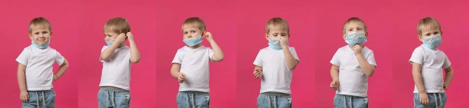 A step-by-step guide on how to put on a medical mask to protect against coron Fotos de archivo