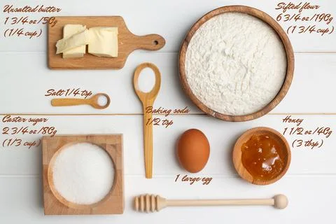 Step-by-step heart-shaped cake recipe instructions. Step 1, ingredients. Butt Stock Photos