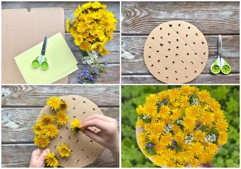 Step by step, how to make a children's craft, a picture of dandelions. Stock Photos