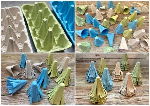Step by step how to make a Christmas tree from an empty recycling egg box, Stock Photos