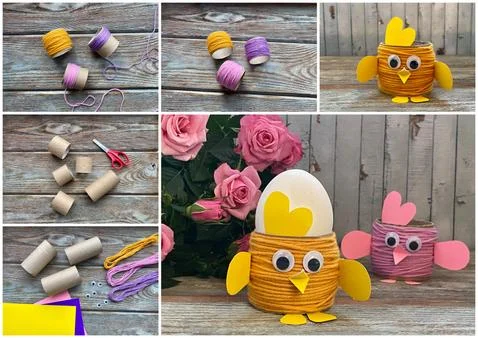 Step by step how to make Easter chickens-egg stand Foto stock