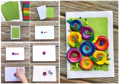 Step by step, how to make a postcard from plasticine with multicolored flowers Stock Photos