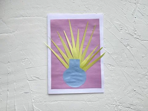 Step by step how to make a postcard with yellow flowers, mimosa, kids craft, Stock-Fotos