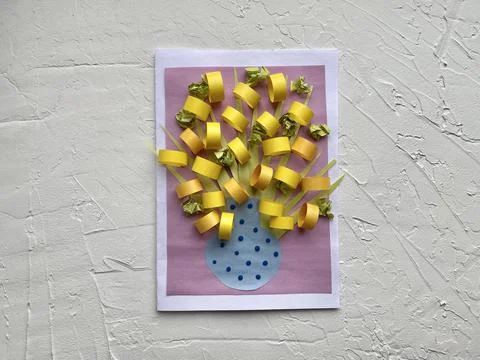 Step by step how to make a postcard with yellow flowers, mimosa, kids craft, Stock Photos