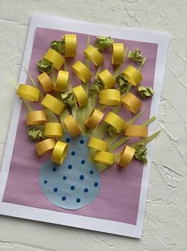 Step by step how to make a postcard with yellow flowers, mimosa, kids craft, Stock Photos