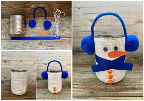 Step by step how to make a snowman from recycling and yarn, kids craft. Stock Photos