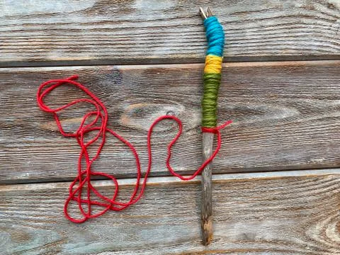 Step by step, how to wrap a knitting stick, children's master class Stock Photos