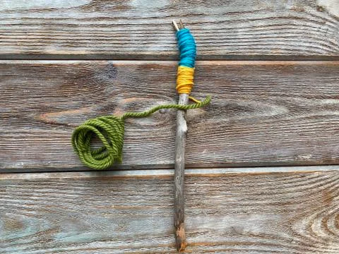 Step by step, how to wrap a knitting stick, children's master class Stock Photos