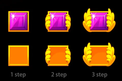 Step by step improvement of square gem and gold template. Stock-Illustration