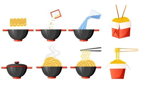 Step by step instant noodle and pasta cooking instructions vector illustration Stock Illustration