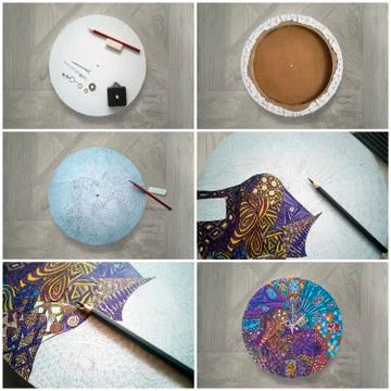 Step-by-step instruction collage of DIY zentangle draw round wall clock,canvas Foto stock