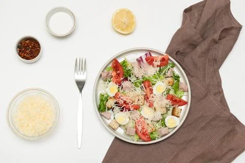 Step by step instruction of cooking, making diet homemade caesar salad. Ste.. Stock Photos