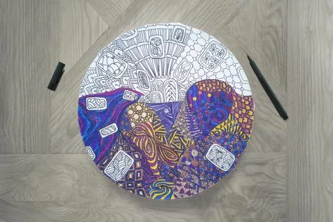 Step-by-step instruction DIY round wall clock,zentangle,step 4.2,draft coloring Stock Photos