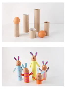 Step by step instruction how make five handmade bunny crafts from cardboard.. Foto stock