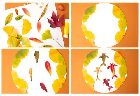 Step by step instruction, tutorial, how make autumnal leaf art DIY, fish ar.. Stock Photos